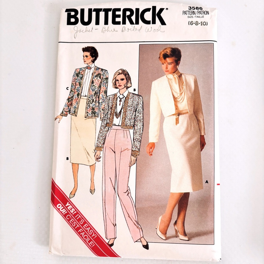 Butterick 3586 Bolero Jacket Tapered Pants Skirt Sz 6-10 Vtg 80s Cut Complete